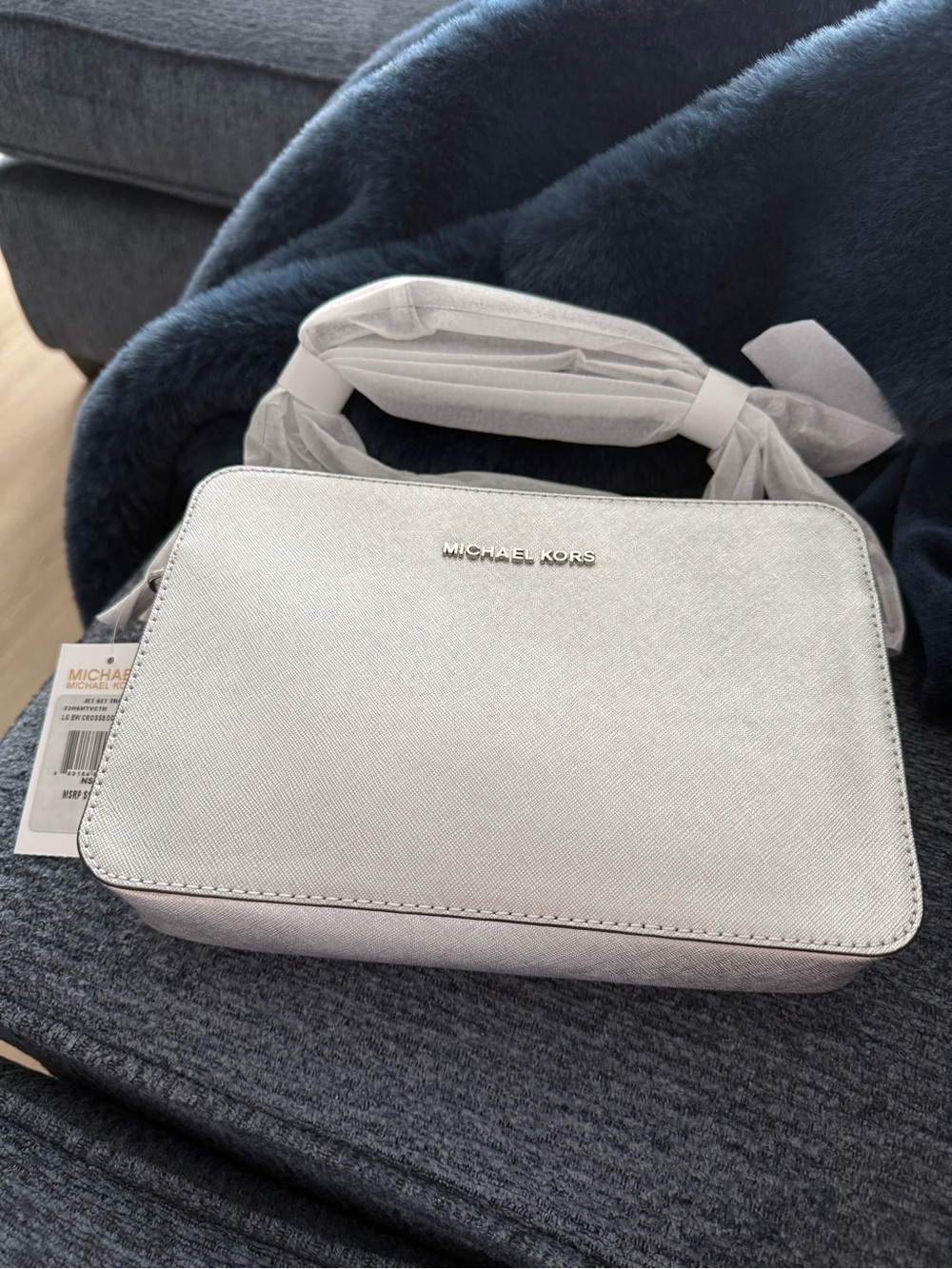 Michael Kors Jet Set Travel Large Metallic Silver Leather Crossbody